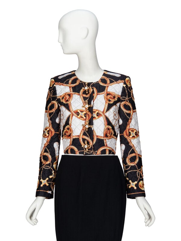 MOSCHINO, QUILTED & PRINTED SILK JACKET: MOSCHINO, QUILTED & PRINTED SILK JACKET Cropped cardigan jacket in printed & quilted silk twill. Round collarless neckline. Light padding at shoulders. Full-length set-in sleeves.