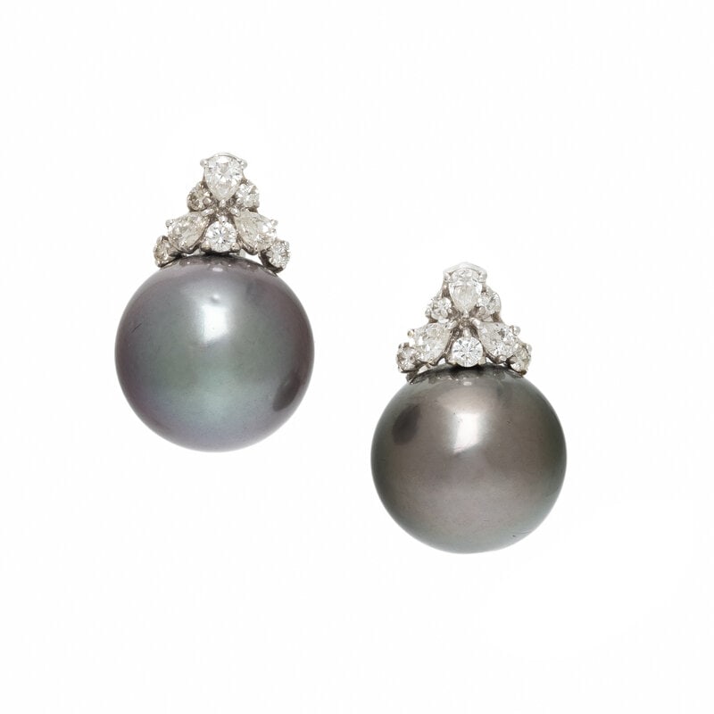 CULTURED GREY PEARL, DIAMOND, AND WHITE GOLD EARRINGS: CULTURED GREY PEARL, DIAMOND, AND WHITE GOLD EARRINGS Cultured grey pearls measuring approximately 15.10 mm and pear shape and round diamonds weighing approximately 1.00 carat total. 18 karat white