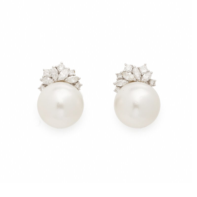 CULTURED PEARL AND DIAMOND EARRINGS: CULTURED PEARL AND DIAMOND EARRINGS Cultured pearls measuring approximately 14.70 mm and round, princess, and marquise cut diamonds weighing approximately 1.40 carats total. 18 karat white gold. 7/8