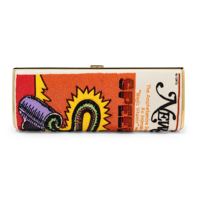 MARC JACOBS, EMBELLISHED NEW YORKER MAGAZINE BAG: MARC JACOBS, EMBELLISHED NEW YORKER MAGAZINE BAG Clutch/shoulder bag in embroidered & sequined cream satin. Push-lock closure and retractable metal chain strap. Label: Marc Jacobs Style/Serial No.