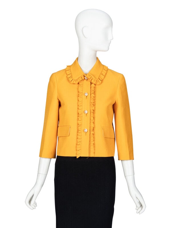 GUCCI, BOXY RUFFLE-TRIM MUSTARD JACKET: GUCCI, BOXY RUFFLE-TRIM MUSTARD JACKET As seen in runway look #2 of the 2016 Resort collection by Alessandro Michele for Gucci. Boxy jacket in mustard yellow silk/wool-blend crepe. Rounded spread coll