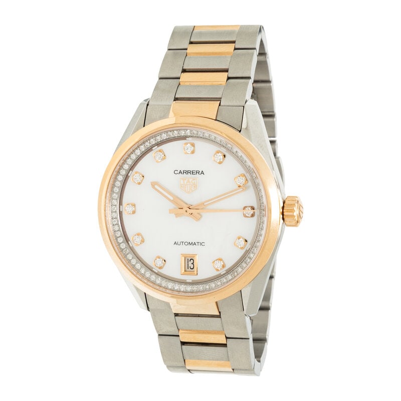 TAG HEUER, REF. WBN2351 'CARRERA' STAINLESS STEEL AND 18K ROSE GOLD DATE WATCH WITH DIAMONDS AND MOT: TAG HEUER, REF. WBN2351 'CARRERA' STAINLESS STEEL AND 18K ROSE GOLD DATE WATCH WITH DIAMONDS AND MOTHER-OF-PEARL DIAL Maker: TAG Heuer Model: Carrera Reference number: