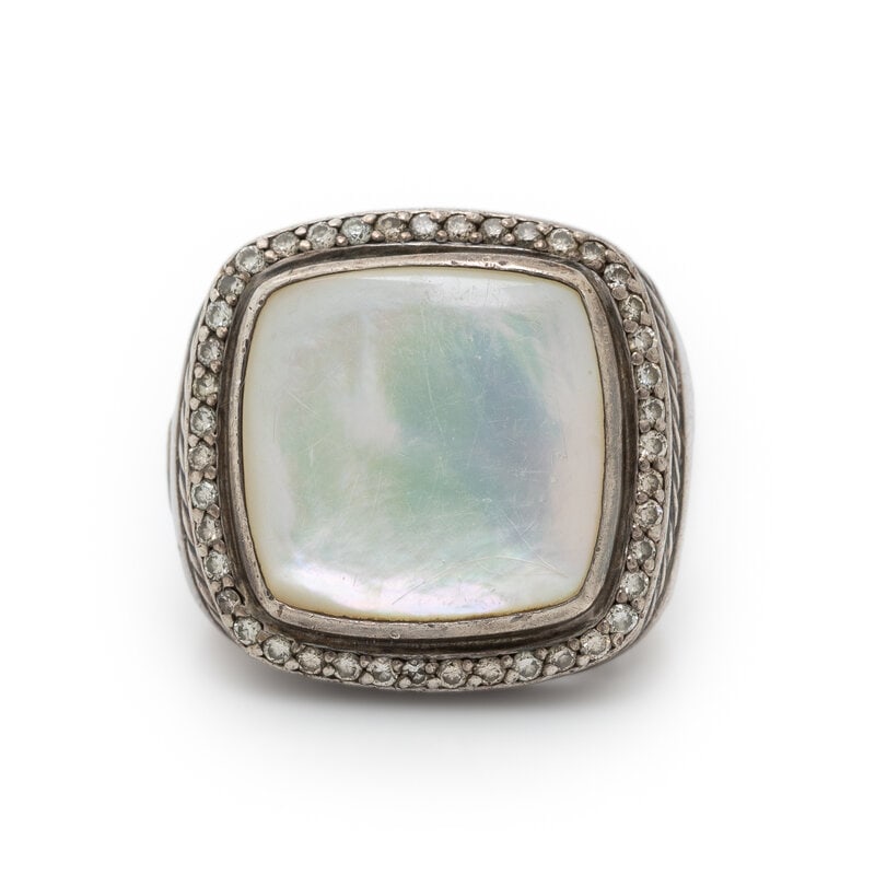 DAVID YURMAN, SILVER, MOTHER-OF-PEARL, AND DIAMOND RING: DAVID YURMAN, SILVER, MOTHER-OF-PEARL, AND DIAMOND RING Cushion cut mother-of-pearl measuring approximately 14.95 x 15.20 mm, and round diamonds weighing approximately 0.25 carat total. Sterling