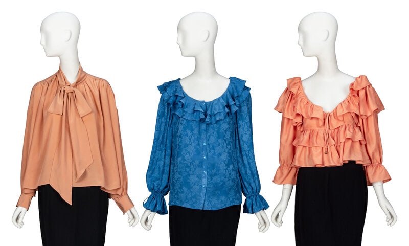 CHLOÉ, THREE SILK BLOUSES: CHLOÉ, THREE SILK BLOUSES THE FIRST Oversized lavalliere blouse in nude pink silk crêpe de chine. Keyhole neckline with single button closure at interior front collar. Gathers at front