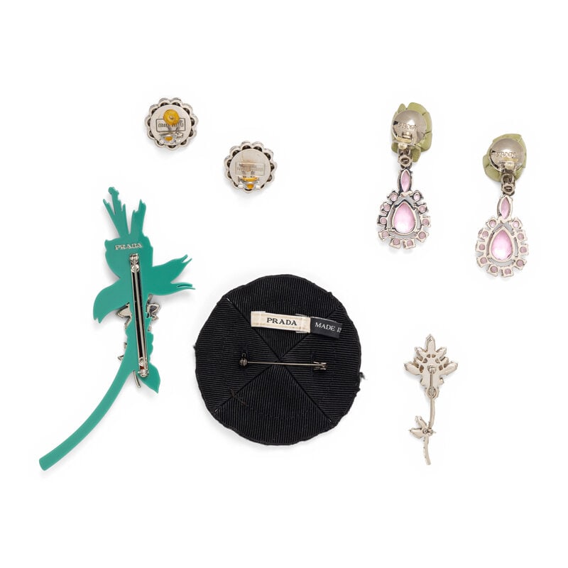 PRADA & MIU MIU, THREE BROOCHES & TWO PAIRS OF EAR CLIPS - 2