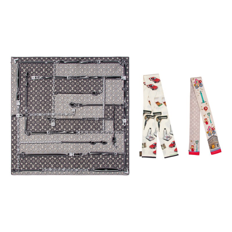 LOUIS VUITTON, THREE PRINTED SILK SCARVES: LOUIS VUITTON, THREE PRINTED SILK SCARVES THE FIRST Square scarf in black, grey, & white printed silk twill; featuring the LV monogram. Hand-rolled & stitched edges. Label: Louis Vuitton