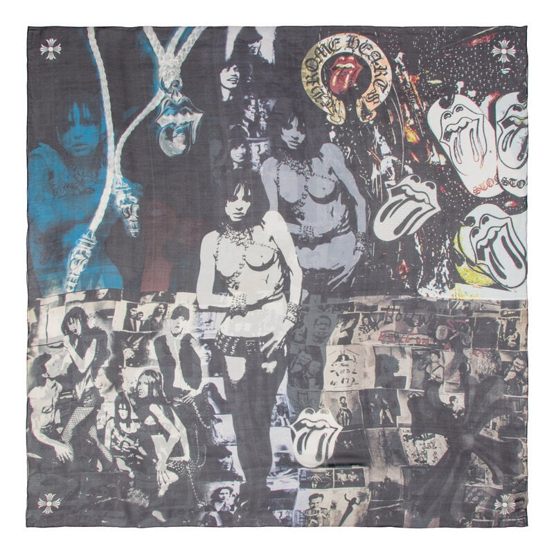 CHROME HEARTS, PRINTED SILK CHIFFON SCARF: CHROME HEARTS, PRINTED SILK CHIFFON SCARF Large square scarf in silk chiffon; featuring an all-over "Rock & Roll" themed print. Hand-rolled & stitched edges. Label: Chrome Hearts Date: