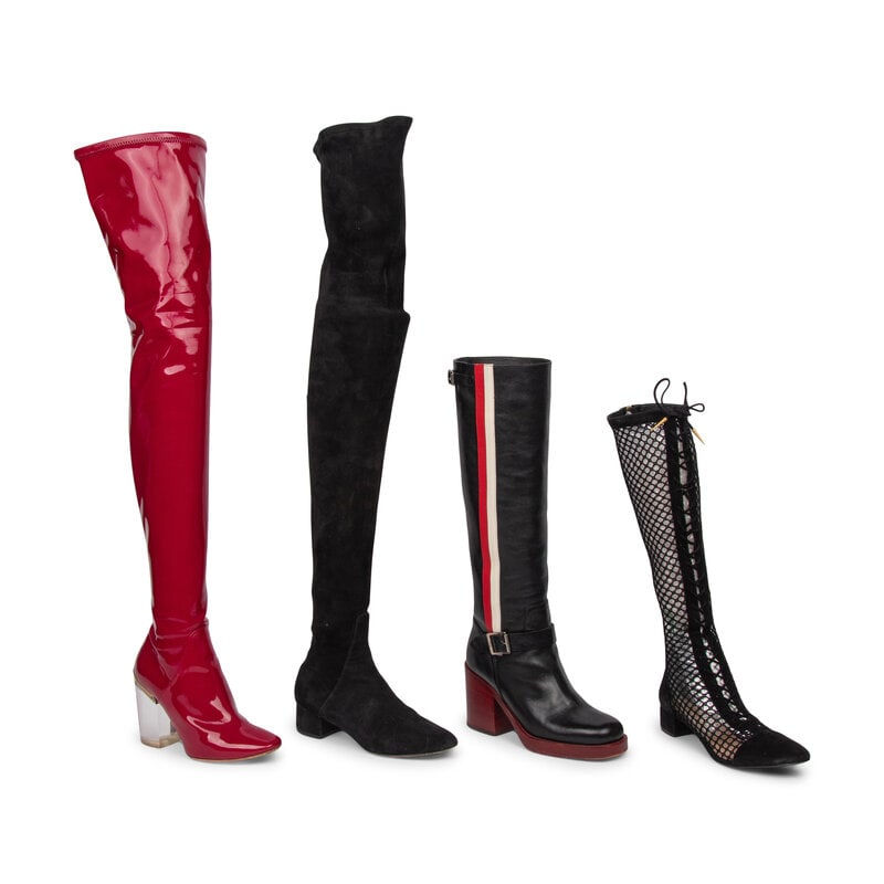 FOUR PAIRS OF DESIGNER BOOTS: FOUR PAIRS OF DESIGNER BOOTS THE FIRST Thigh-high heeled boots in magenta stretch vinyl with clear acrylic block heels and silver-tone hardware. Zipper closures at backs of shafts. Label: Christian Di
