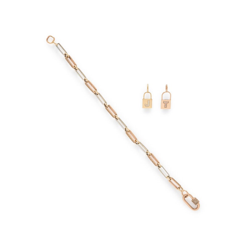 BICOLOR GOLD AND DIAMOND CARABINER BRACELET WITH TWO INITIAL CHARMS (1 of 2)