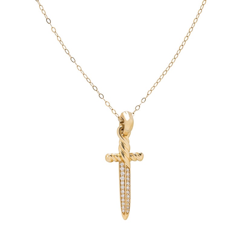 DAVID YURMAN, YELLOW GOLD AND DIAMOND SWORD PENDANT WITH GOLD-FILLED CHAIN: DAVID YURMAN, YELLOW GOLD AND DIAMOND SWORD PENDANT WITH GOLD-FILLED CHAIN Round diamonds weighing approximately 0.20 carat total. 18 karat yellow gold with gold-filled chain. Pendant: 1 1/2 inches
