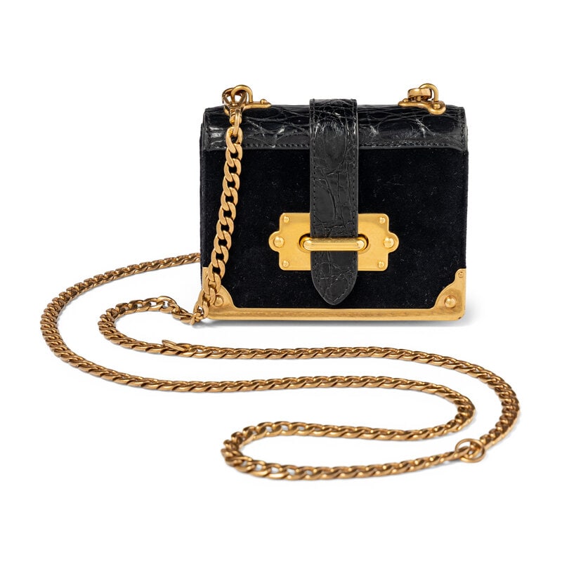 PRADA, MICRO CAHIER BAG: PRADA, MICRO CAHIER BAG Micro Cahier bag in black velvet with black crocodile skin trim. Threaded flap closure, removable metal chain shoulder strap, removable leather wristlet strap. Label: Prada