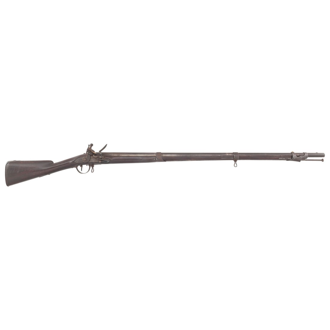 US Surcharged Reconvereted Composite Charleville Pattern Musket: US Surcharged Reconvereted Composite Charleville Pattern Musket American Revolution .72 caliber. 42" barrel. NSN. Oxidized metal, steel furniture, stretched walnut stock. Single shot reconverted flint