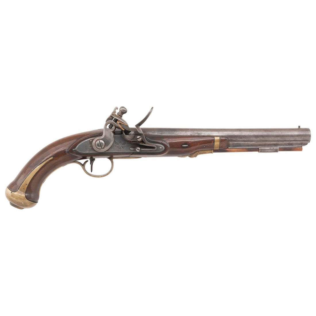 US Model 1803 Pistol by Harpers Ferry dated 1807.: US Model 1803 Pistol by Harpers Ferry dated 1807. War of 1812 .54 caliber. 10" barrel with under lug. SN: 513. Bright finish, brass furniture, walnut stock. Single shot muzzleloading flintlock pistol