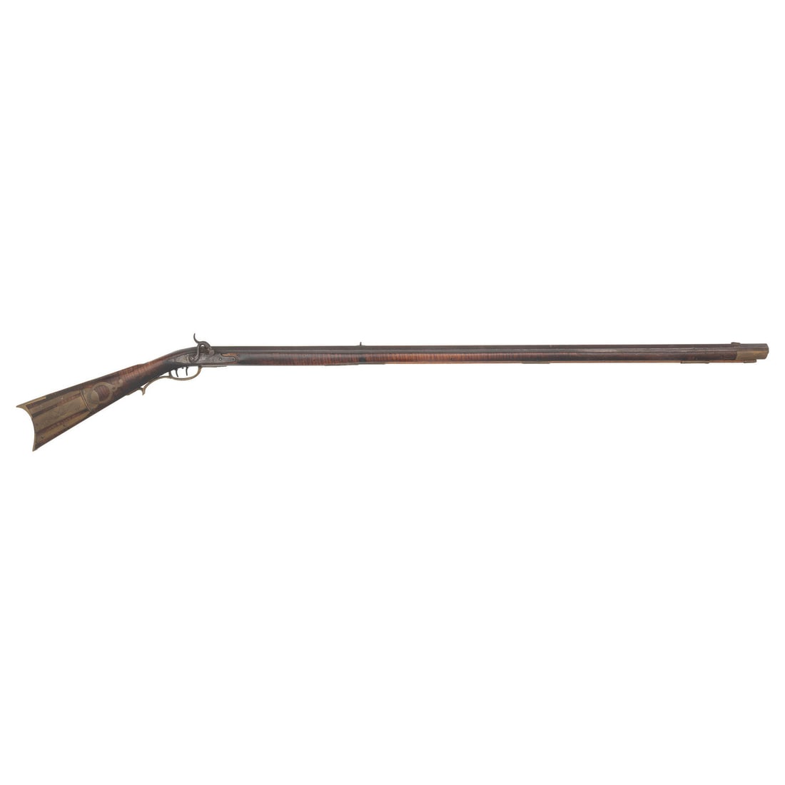 Bedford County Pennsylvania Style Full Stock Percussion Rifle: Bedford County Pennsylvania Style Full Stock Percussion Rifle .32 caliber. 43.25" pinned octagonal barrel. NSN. Browned finish, brass furniture, faux striped hardwood stock with raised cheek rest. Sin
