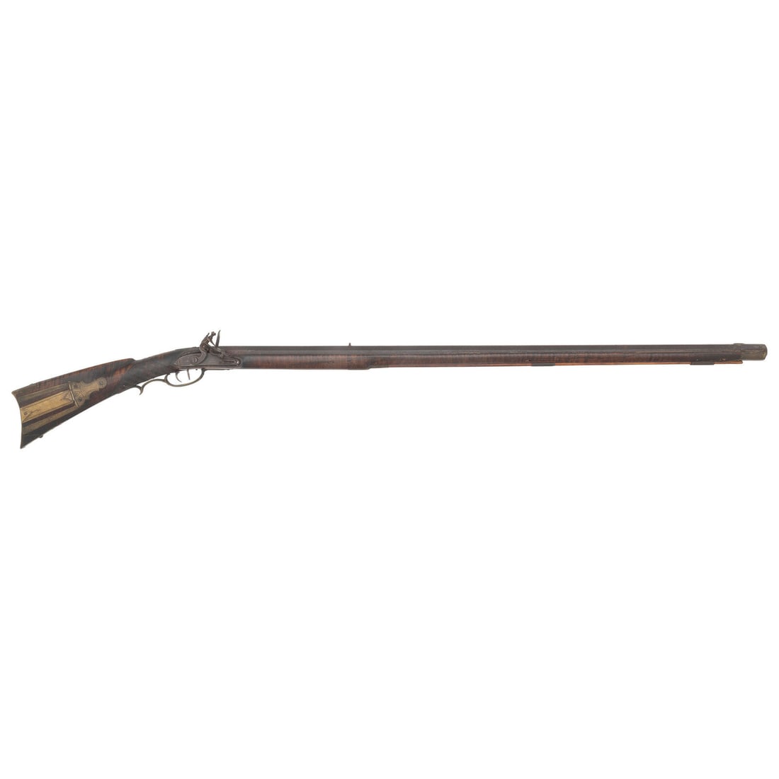 Full Stock Flintlock Rifle Signed H Gibbs: Full Stock Flintlock Rifle Signed H Gibbs .56 caliber. 42.25" heavy pinned octagonal barrel, 1.08" wide across the flats. NSN. Heavily oxidized metal, brass furniture, German silver decorations, faux