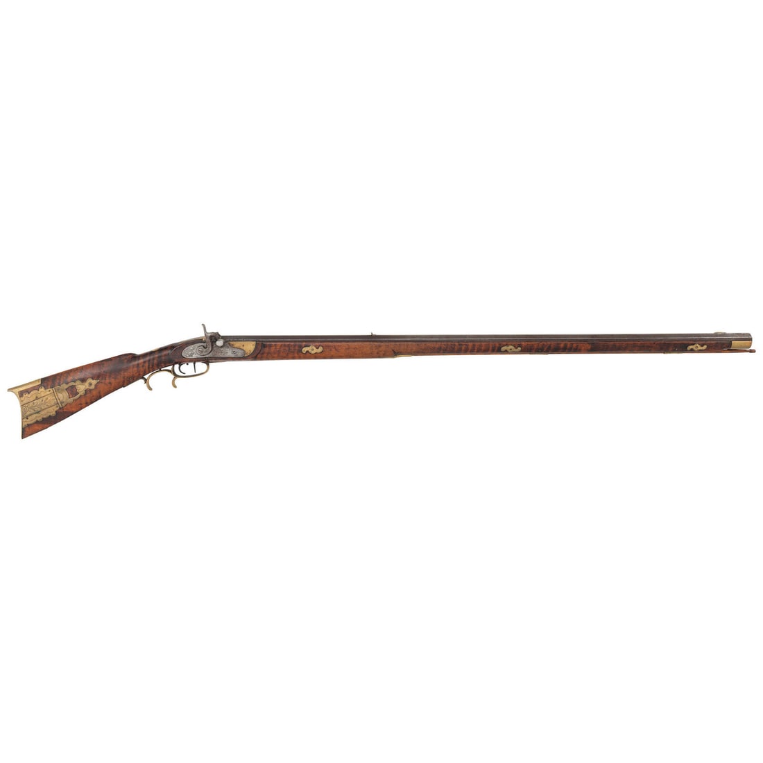 JB Hixson Signed Percussion Rifle: JB Hixson Signed Percussion Rifle .38 caliber. 40" pinned octagonal barrel. NSN. Browned finish, brass furniture and decorative inlays, faux striped hardwood stock with raised cheek rest and engraved