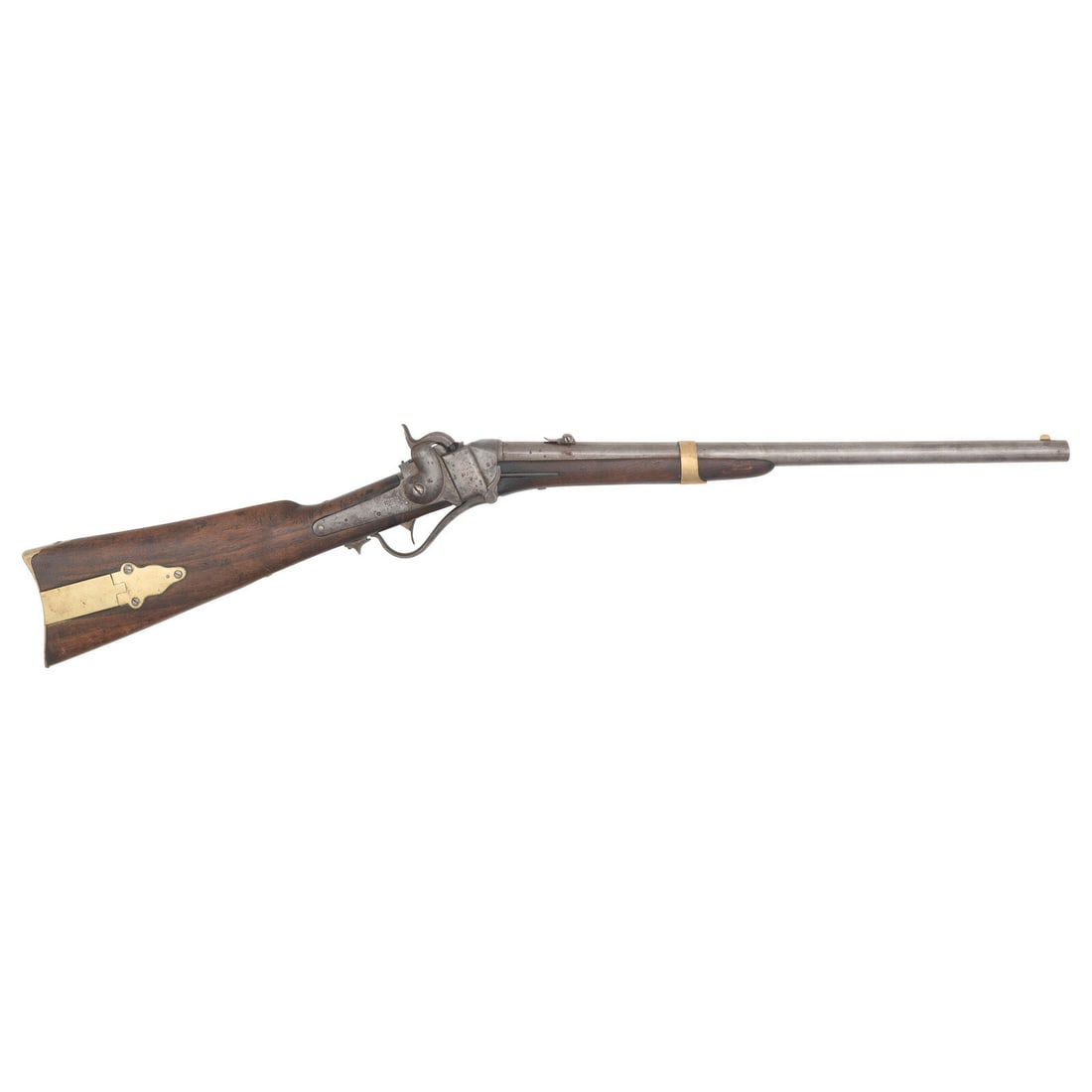 Sharps Model 1852 Slant Breech Saddle Ring Carbine: Sharps Model 1852 Slant Breech Saddle Ring Carbine American Civil War .54 caliber. 21.25" barrel. SN: 3773. Bright finish, brass furniture, smooth walnut stock with patchbox and smooth walnut forend.