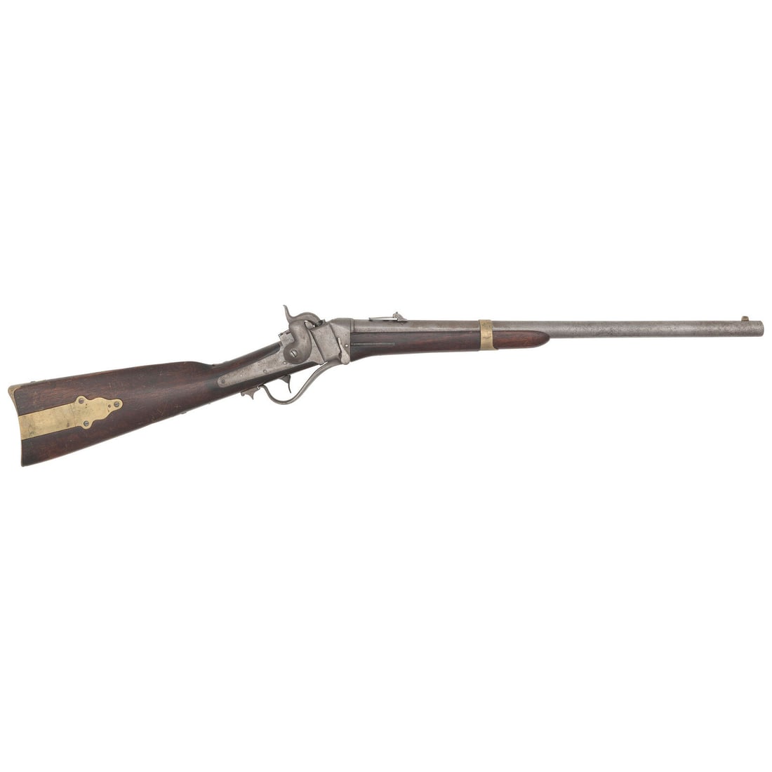 Sharps Model 1853 Slant Breech Saddle Ring Carbine: Sharps Model 1853 Slant Breech Saddle Ring Carbine American Civil War .54 caliber. 21.25" barrel. SN: 11998. Bright finish, brass furniture, smooth walnut stock with patchbox and smooth walnut forend.