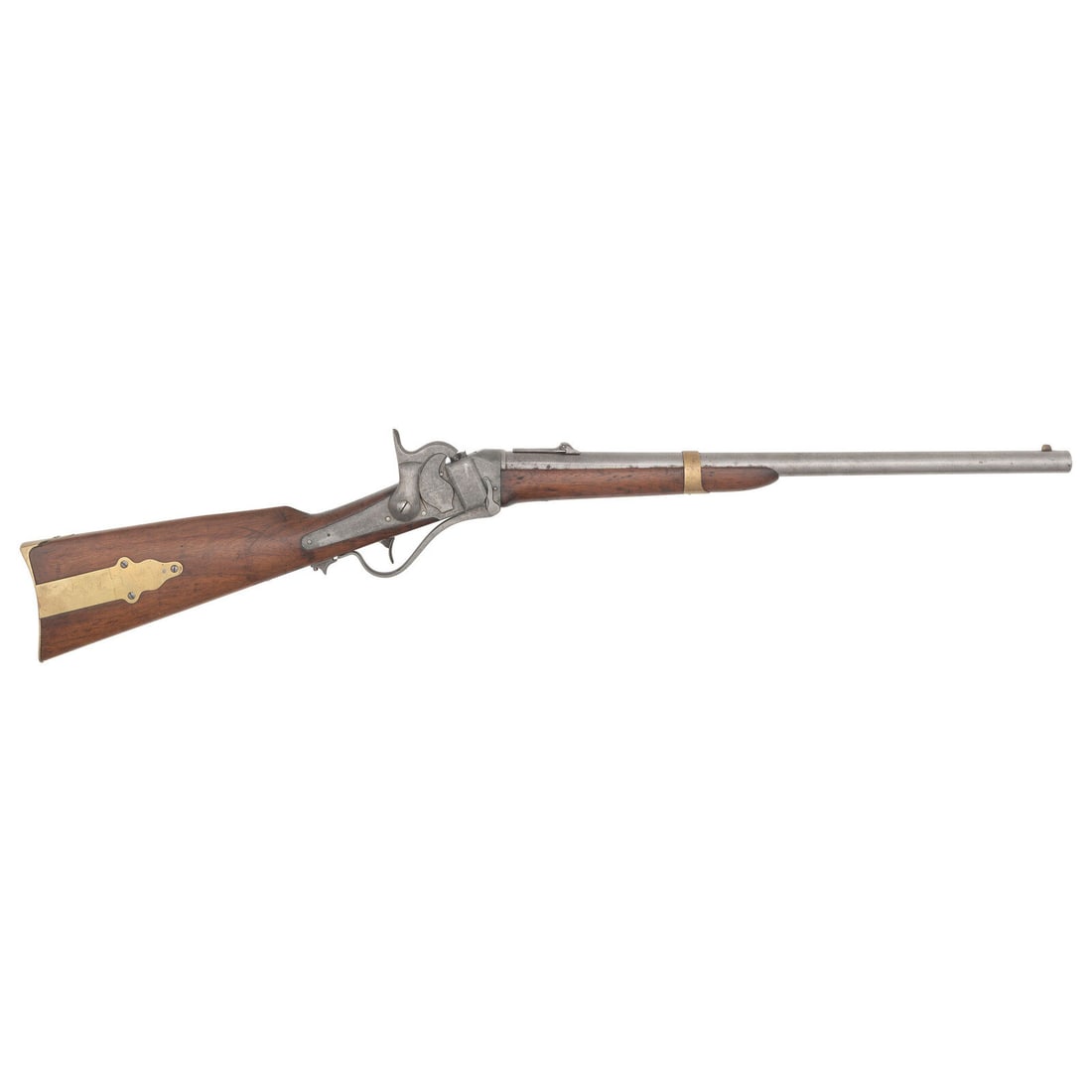 Rare Martially Marked Sharps Model 1855 Saddle Ring Carbine: Rare Martially Marked Sharps Model 1855 Saddle Ring Carbine American Civil War .52 caliber. 21.25" barrel. SN: 17486. Bright finish, brass furniture, smooth walnut stock with patchbox and smooth walnu