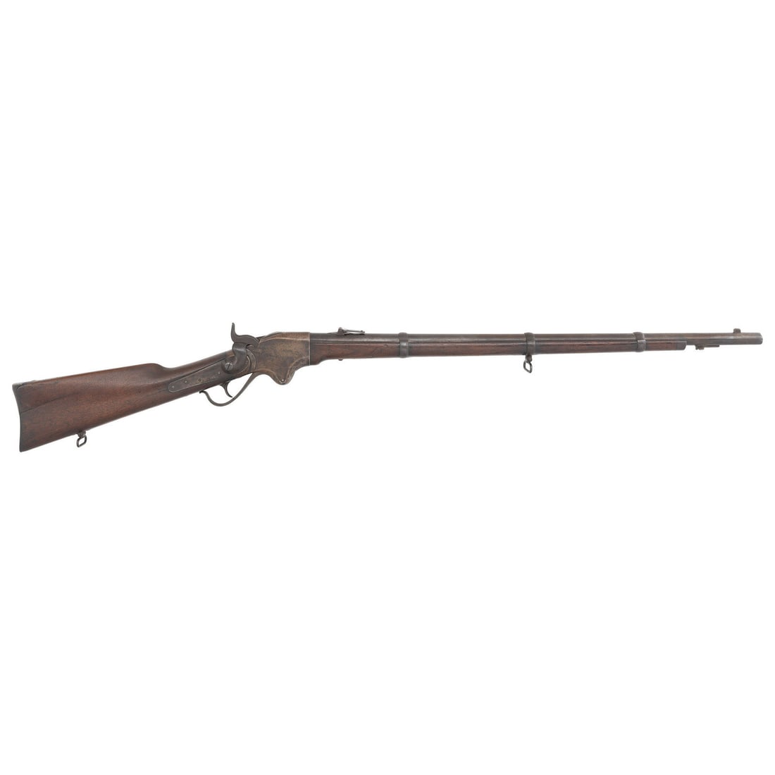 Rare US Model 1860 Spencer Navy Rifle: Rare US Model 1860 Spencer Navy Rifle American Civil War .56-56 Spencer. 30" barrel. SN: 465. Blued and color casehardened finish, smooth walnut stock and forend secured by three solid, rounded spring
