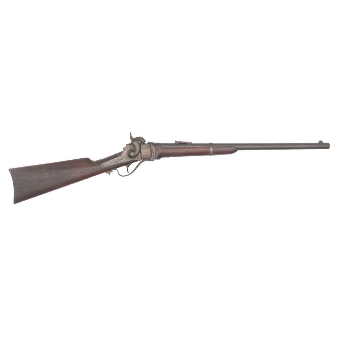 Sharps New Model 1863 Cavalry Carbine: Sharps New Model 1863 Cavalry Carbine American Civil War .52 caliber. 20" round barrel secured by a single spring-retained barrel band. SN: C,4233. Blued and color casehardened finish, iron furniture,