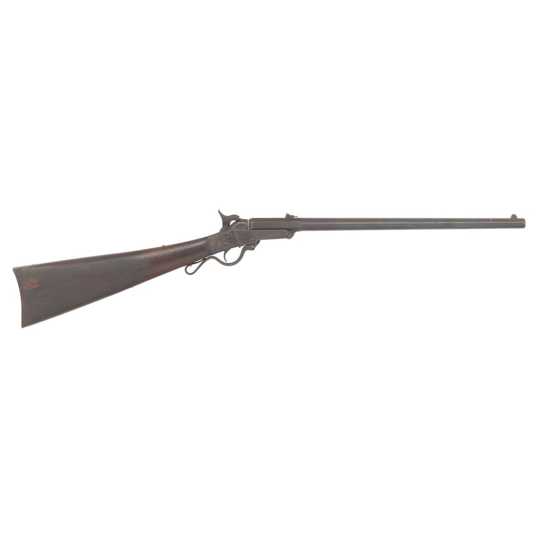 2nd Model Maynard Carbine: 2nd Model Maynard Carbine American Civil War .50 caliber. 20" barrel. SN: 6035. Blued and color casehardened finish, iron furniture, walnut stock. Single shot percussion breechloading tilt-down barrel