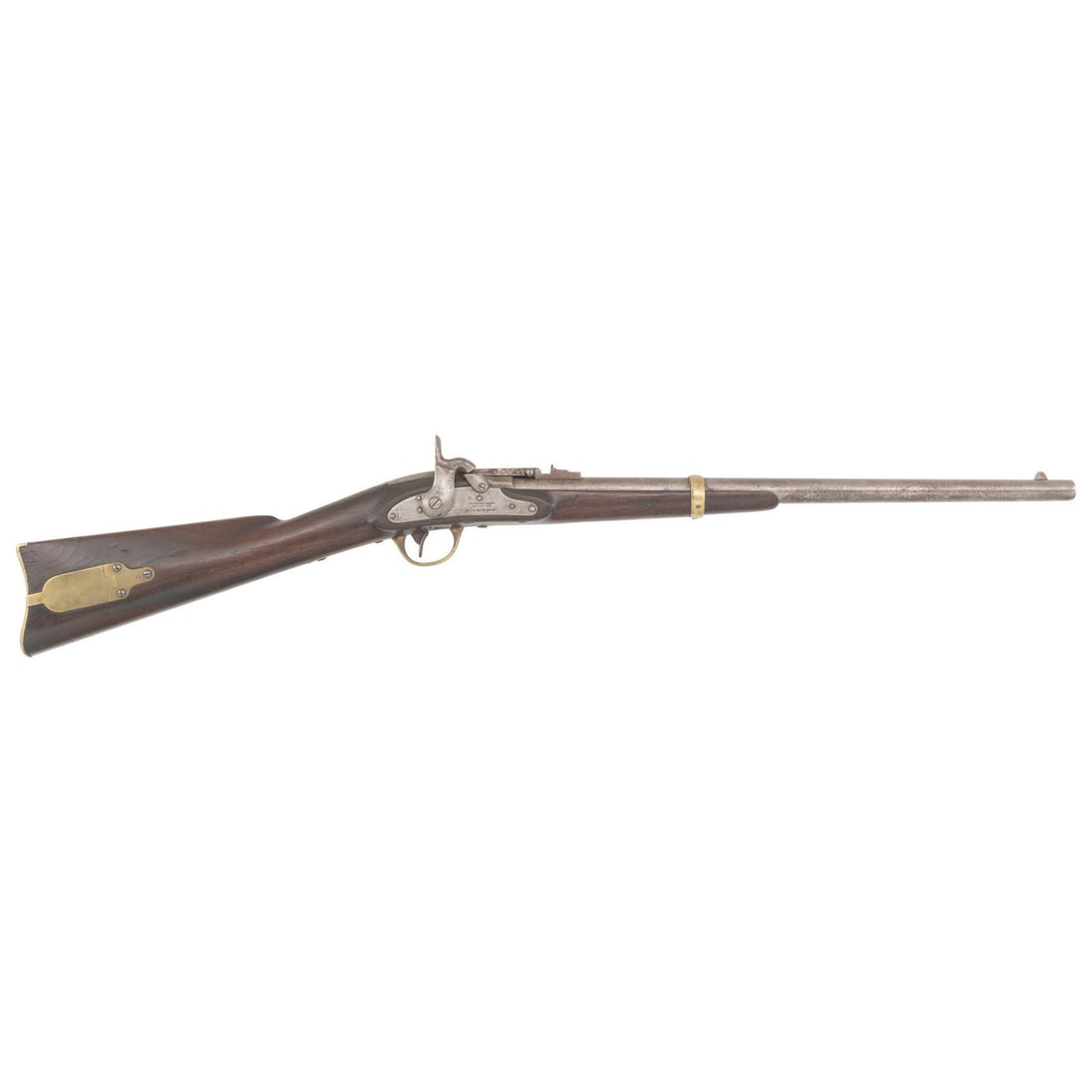 1st Model Merrill Carbine: 1st Model Merrill Carbine American Civil War .54 caliber. 22" barrel. SN: 11362. No finish, brass furniture, walnut stock with single screw retained barrel band and patchbox. Single shot percussion