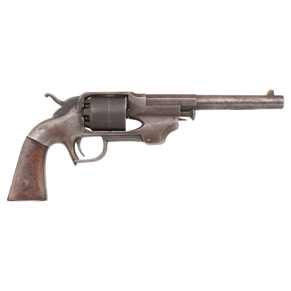 Allen & Wheelock 2nd Model Percussion Army Revolver: Allen & Wheelock 2nd Model Percussion Army Revolver American Civil War .44 caliber. 7.5" octagon to round barrel. SN: 335. Blued finish, color casehardened lever and hammer, varnished walnut grips
