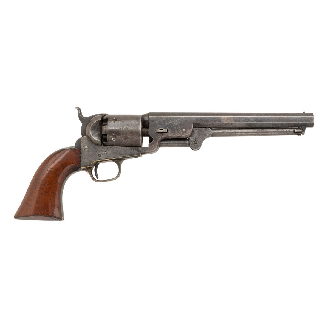 Colt Model 1851 Navy Revolver: Colt Model 1851 Navy Revolver .36 caliber. 7.5" octagonal barrel. SN: 36261 (mfg. ca. 1854). Blued and color casehardened finish, silver plated brass backstrap and triggeguard, smooth varnished one-pi