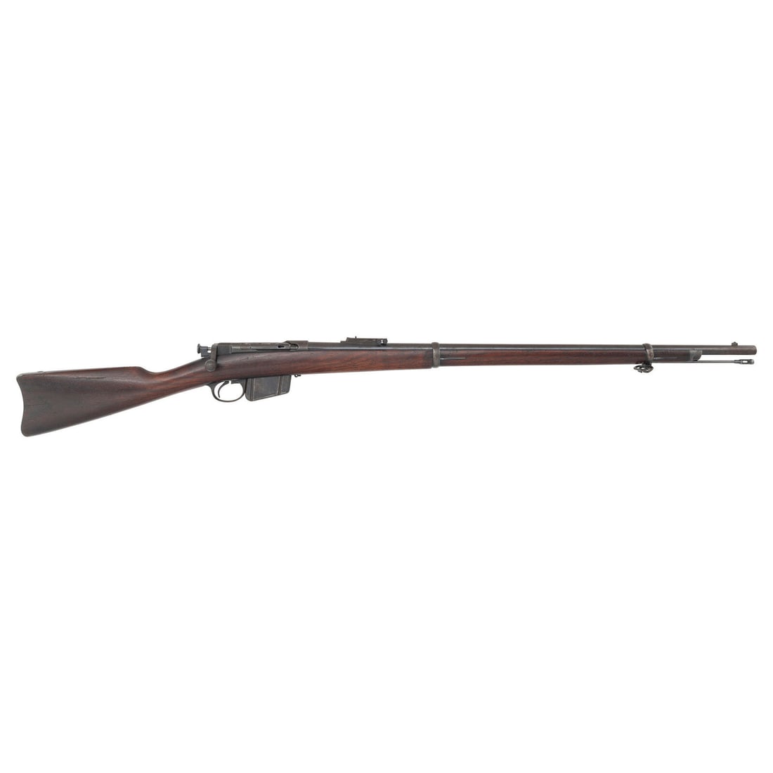 Remington Lee US Model 1882 Army Rifle: Remington Lee US Model 1882 Army Rifle Indian Wars .45-70. 32.5" barrel secured by two rounded spring-retained barrel bands. SN: 9403. Blued finish, iron furniture, walnut stock. Magazine fed bolt act