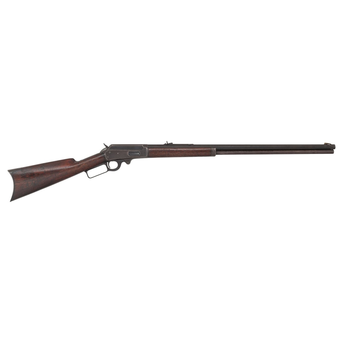 Marlin Model 1893 Lever Action Rifle: Marlin Model 1893 Lever Action Rifle .32-20. 26" octagonal barrel. SN: 143083. Blued finish, smooth walnut straight gripped walnut stock with crescent butt and smooth forend. Lever action tubular