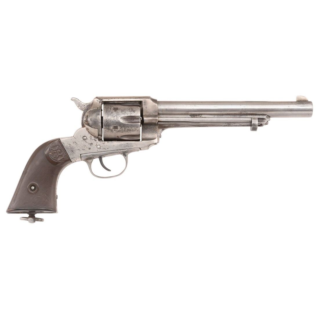 Composite Remington Model 1888 Revolver: Composite Remington Model 1888 Revolver .44-40. 7.25" barrel. SN: 387. Nickel finish, Remington Arms Co logo checkered hard rubber grips. Single action solid frame revolver with loading gate, frame gr