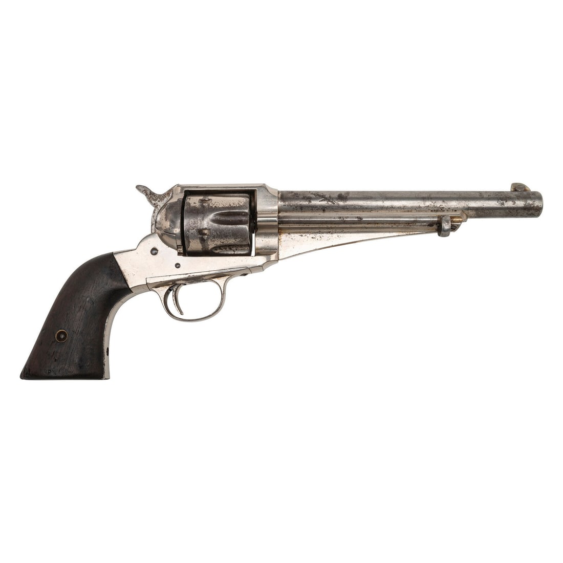 Remington Model 1875 Revolver: Remington Model 1875 Revolver .45 Colt. 7.5" barrel. SN: 1458. Nickel finish, smooth walnut grips. Single action solid frame revolver with loading gate, six-chambered fluted cylinder, frame groove