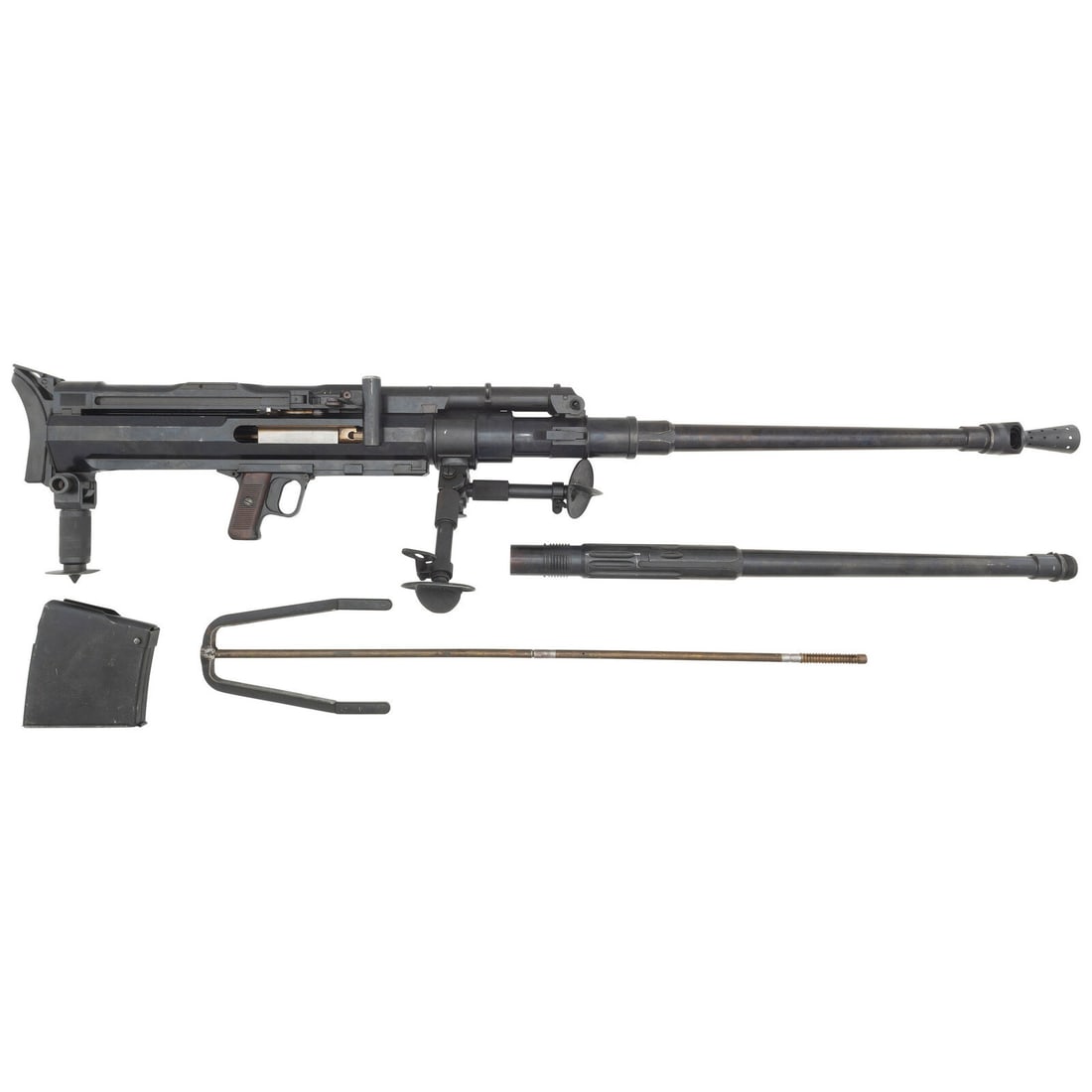 ***Finnish Issued Solothurn S18-100 (S18-154) Antitank Rifle 20mm with Spare Barrel and Crate: ***Finnish Issued Solothurn S18-100 (S18-154) Antitank Rifle 20mm with Spare Barrel and Crate 20x105Bmm. 36.5" barrel length. SN: 4. Blued metal finish with polished bolt and horizontally serrated Bak