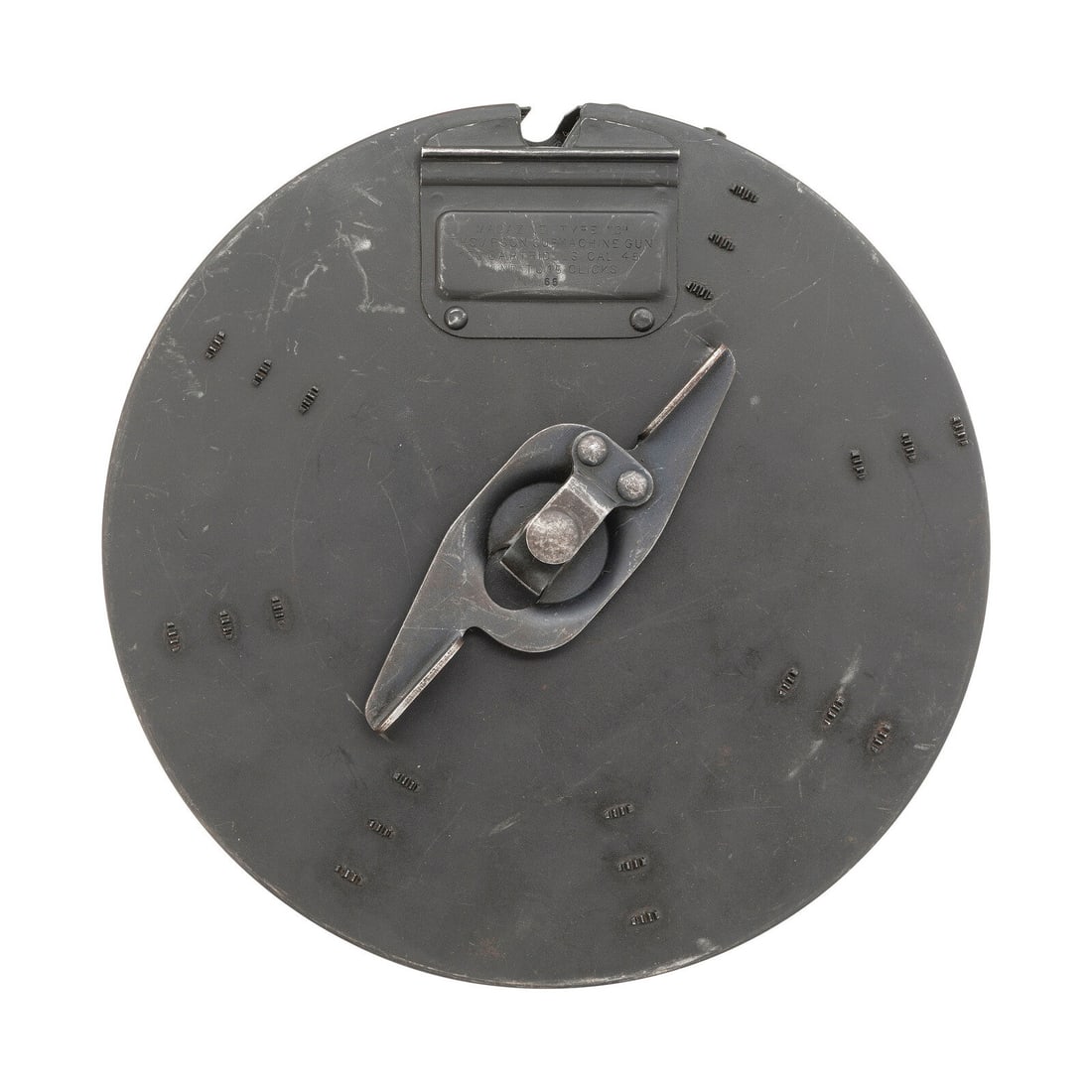 Rare Number Matching Thompson 100 Round "C" Drum Magazine: Rare Number Matching Thompson 100 Round "C" Drum Magazine 8.5" x 2". Matte blued metal finish overall, pressed steel construction with correct Nickel rotor. Item displays matching serial numbers on fr