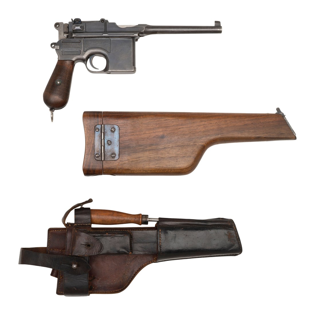 **Commercial Mauser C96 Pistol with Holster/Shoulder Stock: **Commercial Mauser C96 Pistol with Holster/Shoulder Stock 7.63x25mm. 5.5" barrel length. SN: 269305. Blued metal finish with polished bolt and nitre blued small parts mounting horizontally serrated w