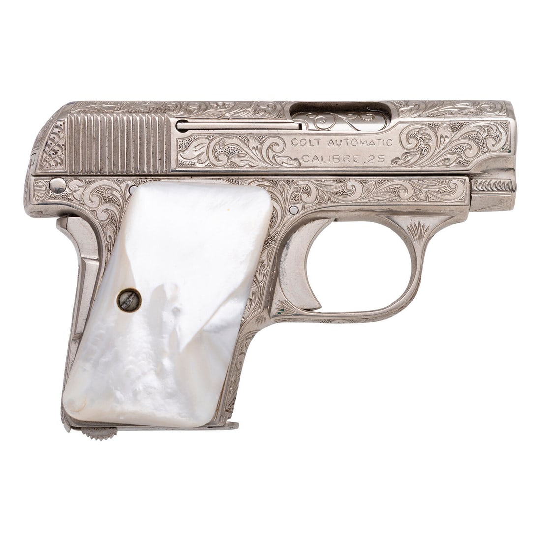 **Custom Engraved Colt M1908 Hammerless Pistol Nickel with Pearl Grips: **Custom Engraved Colt M1908 Hammerless Pistol Nickel with Pearl Grips .25 ACP. 2" barrel length. SN: 21817. (Mfg. ca 1910) Nickel plated finish to all parts including barrel and trigger mounting pear