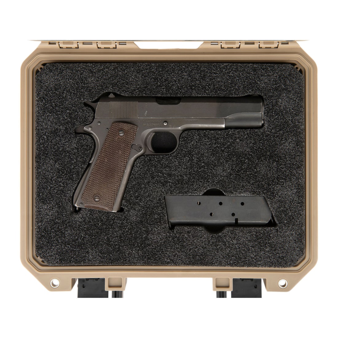 **CMP Union Switch & Signal M1911A1 Pistol: **CMP Union Switch & Signal M1911A1 Pistol .45 ACP. 5" barrel length. SN: 1079882. Parkerized arsenal refinish overall mounting checkered Keyes fiber grips and standard military pattern sights. Sh