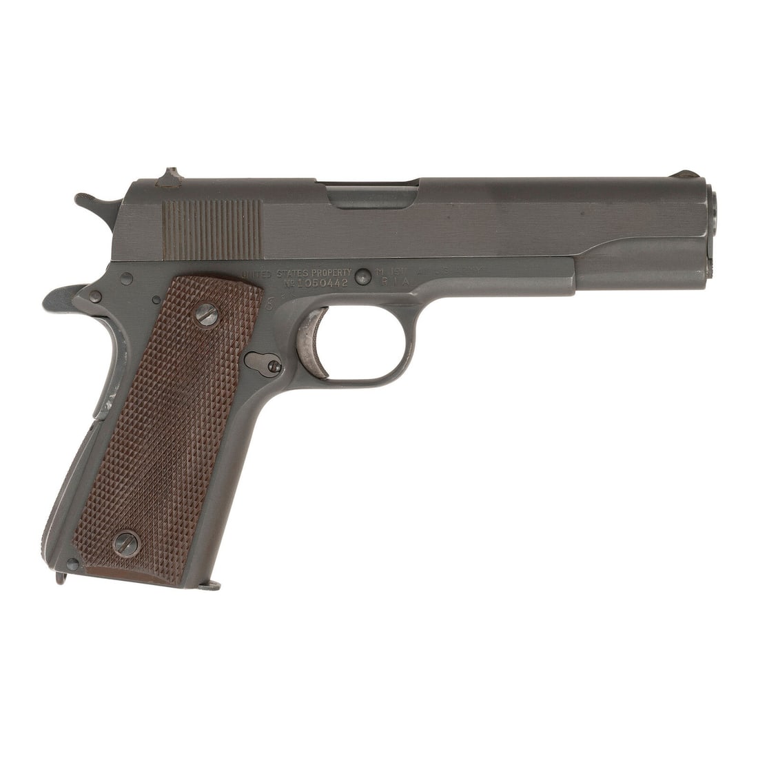**Union Switch & Signal 1911A1 Arsenal Refurbished Pistol: **Union Switch & Signal 1911A1 Arsenal Refurbished Pistol .45 ACP. 5" barrel length. SN: 1050442. Parkerized arsenal refinish with checkered Keyes fiber grips mounting standard military pattern si