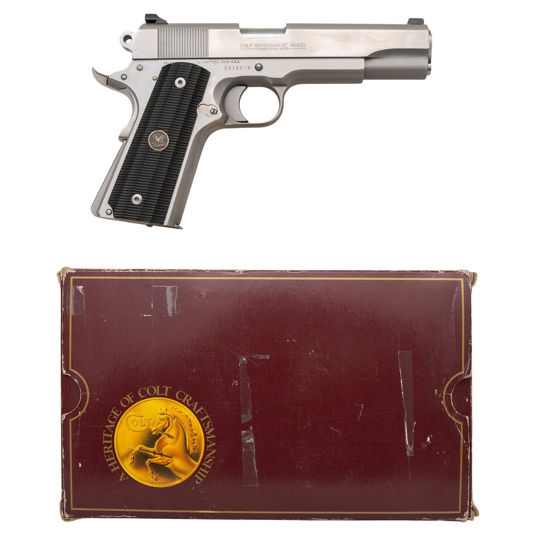 *Colt Delta Elite 10mm Custom by Wilson: *Colt Delta Elite 10mm Custom by Wilson 10mm Auto. 5" barrel length. SN: DS10274. Brushed stainless finish with matte rounds mounting black synthetic Wilson's Medallion Wilson Combat grips. Short reco