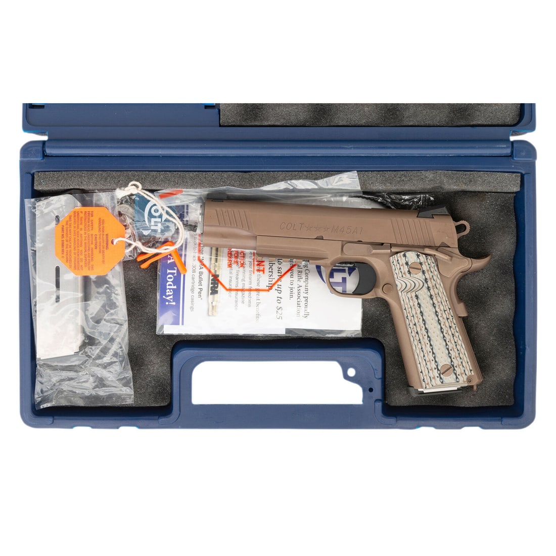*Colt M45A1 CQBP Pistol in Box: *Colt M45A1 CQBP Pistol in Box .45 ACP. 5" barrel length. SN: 14446EGA. Decobond and Ion Bond brown finish with textured G10 grip panels and NOVAK sights with triple dot tritium inserts. Short-recoil