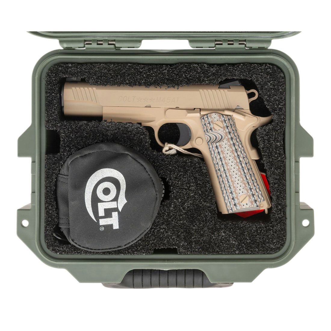 *Colt M45A1 CQBP Pistol in Pelican Case with Accessories: *Colt M45A1 CQBP Pistol in Pelican Case with Accessories .45 ACP. 5" barrel length. SN: 08592EGA. Desert Tan cerakote finish overall with polished barrel and G10 composite grip panels. Short-recoil op