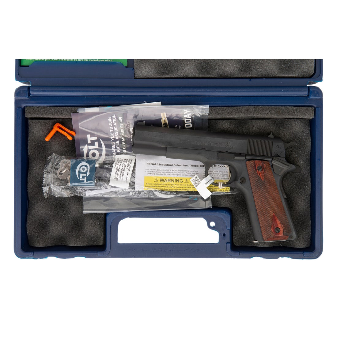 *Colt Government Model .38 Super in Box: *Colt Government Model .38 Super in Box .38 Super. 5" barrel length. SN: GV010162. Blued metal finish with polished barrel mounting diamond checkered laminated wood grips. Short-recoil operated single