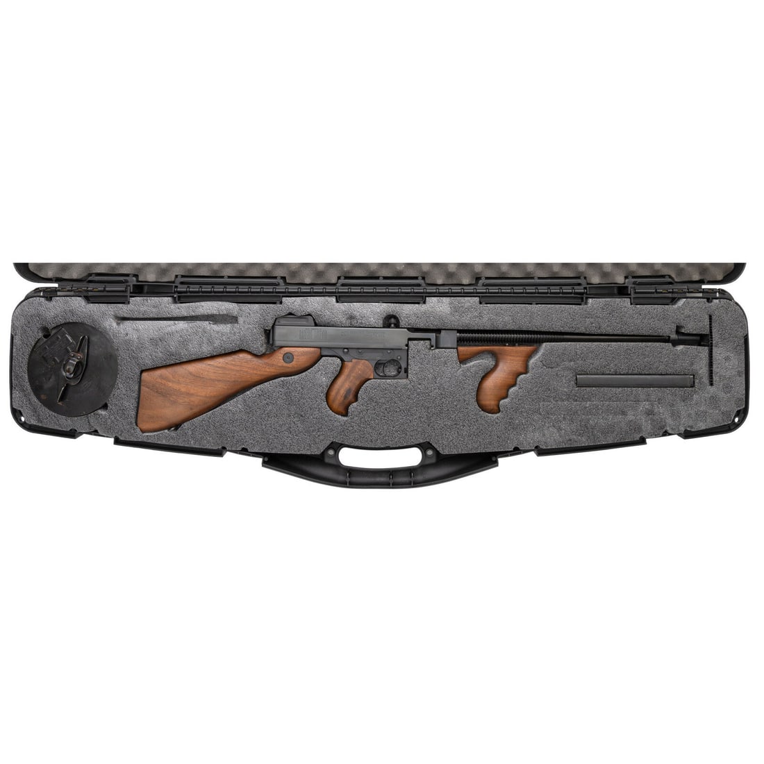 *Auto Ordnance M1927A1 Semi-Auto .45ACP Rifle: *Auto Ordnance M1927A1 Semi-Auto .45ACP Rifle .45 ACP. 19.5" barrel length. SN: KM6600. Blued metal finish with dual wood pistol grips and stock mounting Cutts pattern compensator and rear ladder aper