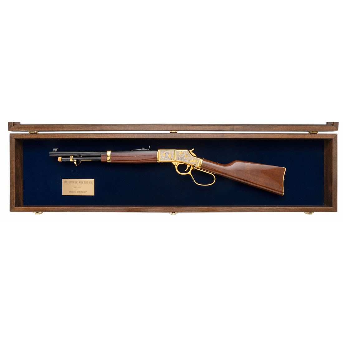 *Henry Repeating Arms Golden Boy John Wayne Commemorative: *Henry Repeating Arms Golden Boy John Wayne Commemorative .45 Colt. 17" barrel length. SN: BBR002155C. Gold plated engraved frame with blued barrel mounting polished wood stock and forend. Lever actio