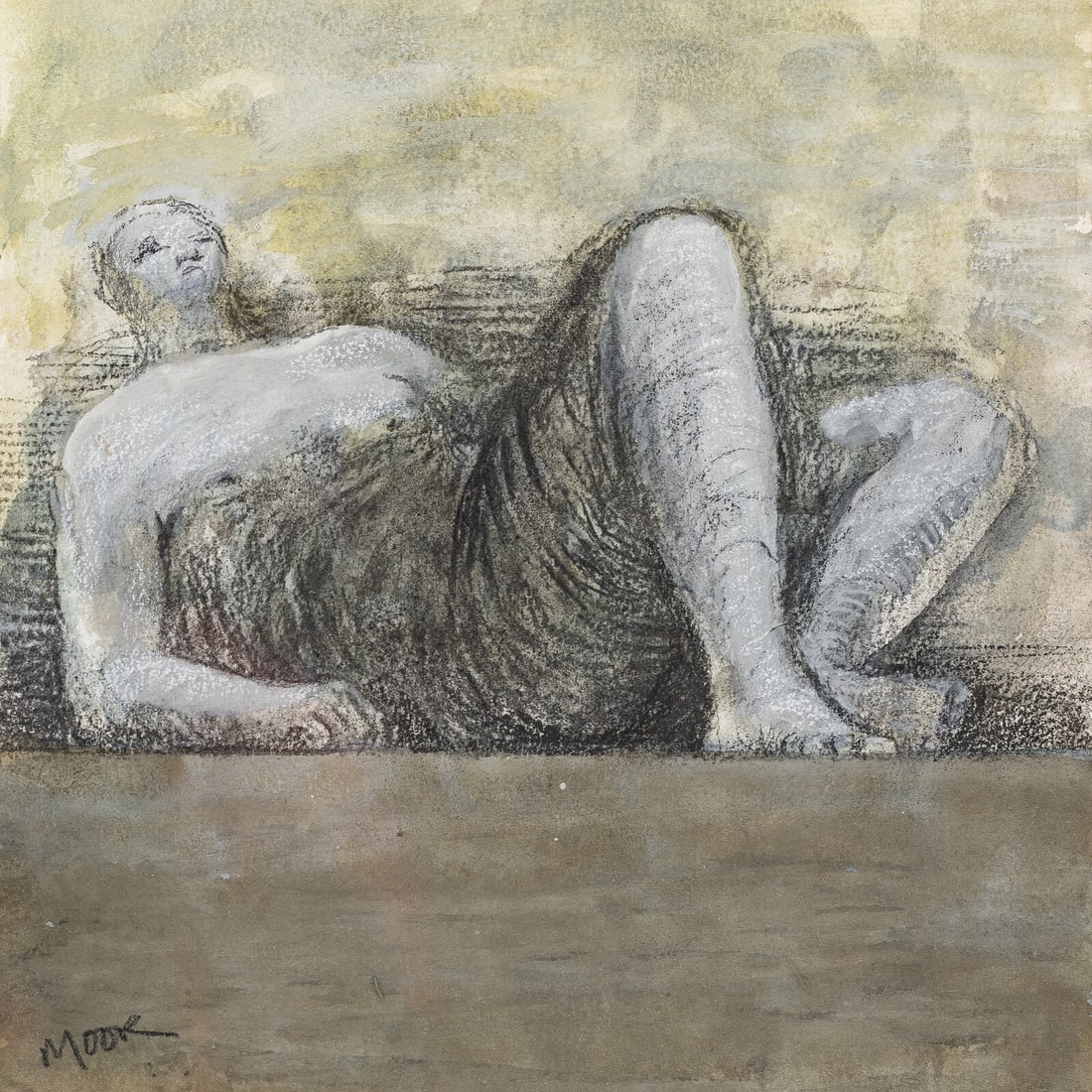 Henry Moore (English, 1898-1986) Reclining Nude, 1979: Henry Moore (English, 1898-1986) Reclining Nude, 1979 watercolor wash, charcoal, wax crayon, gouache signed Moore (lower left) 9 3/8 x 8 3/4 inches. Property from a Midwestern Collection This lot is l