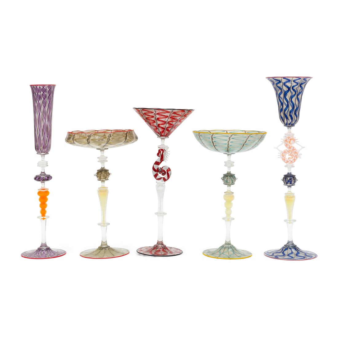 Charles Paul Savoie (American, b. 1959) A Collection of Five Decorated Venetian Art Glass Goblets (1 of 4)