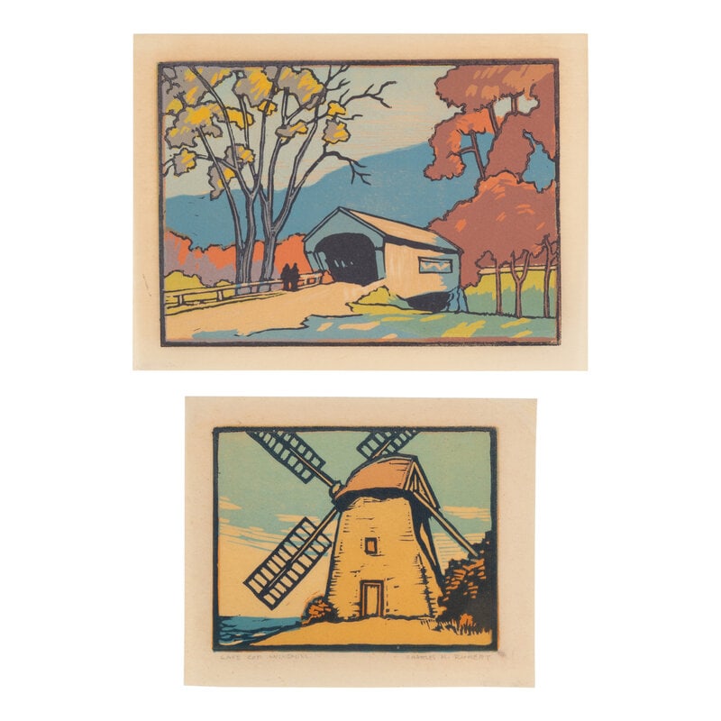 Charles H. Richert (American, 1880-1974) Cape Cod Windmill and Untitled (Covered Bridge With Two Fig (1 of 3)