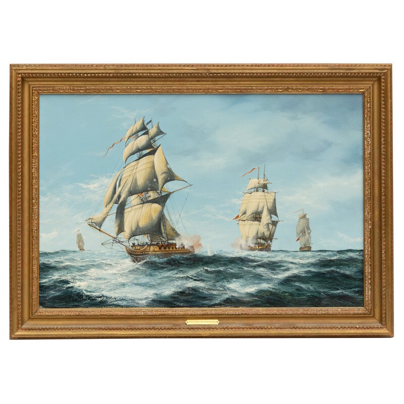John Bentham-Dinsdale (British, 1927-2008) The Chase, The Capture of the American Privateer Schooner: John Bentham-Dinsdale (British, 1927-2008) The Chase, The Capture of the American Privateer Schooner Prince de Neufchatel oil on canvas signed: John Bentham-Dinsdale (lower left); signed and inscribed
