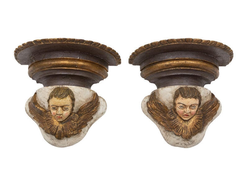 A Pair of Continental Baroque Style Polychromed Putto Mask Wall Brackets  (1 of 2)